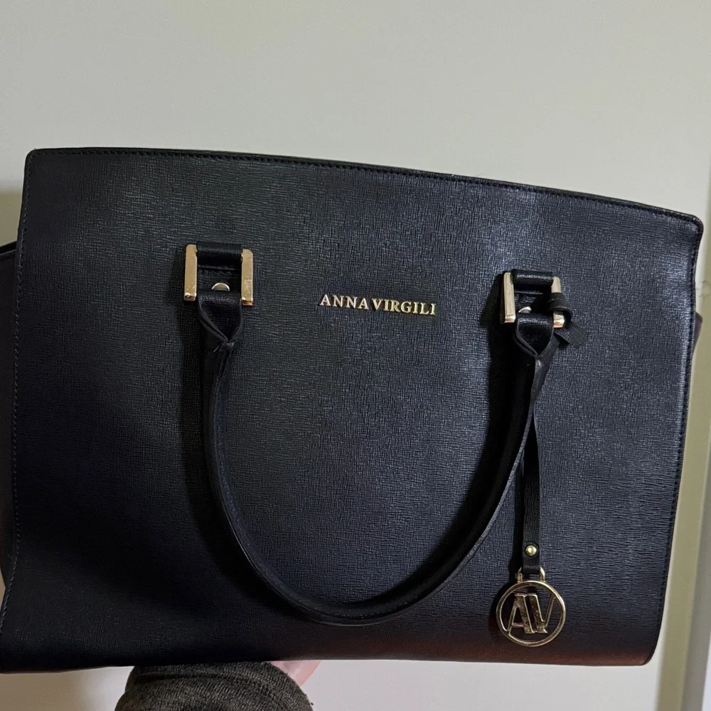 Black Leather Tote Bag with Gold Accent